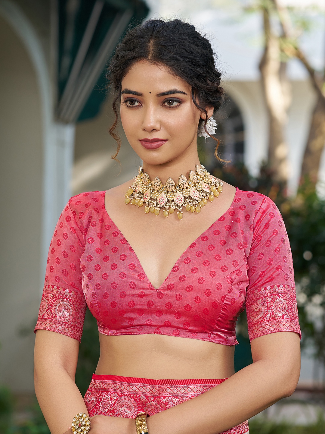 Red Silk Blend Woven Designer Saree