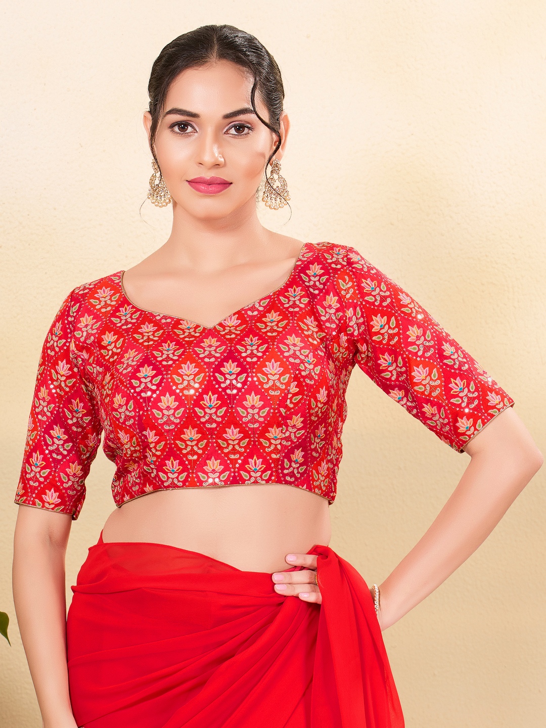 Red Silk Printed Fitted Blouse