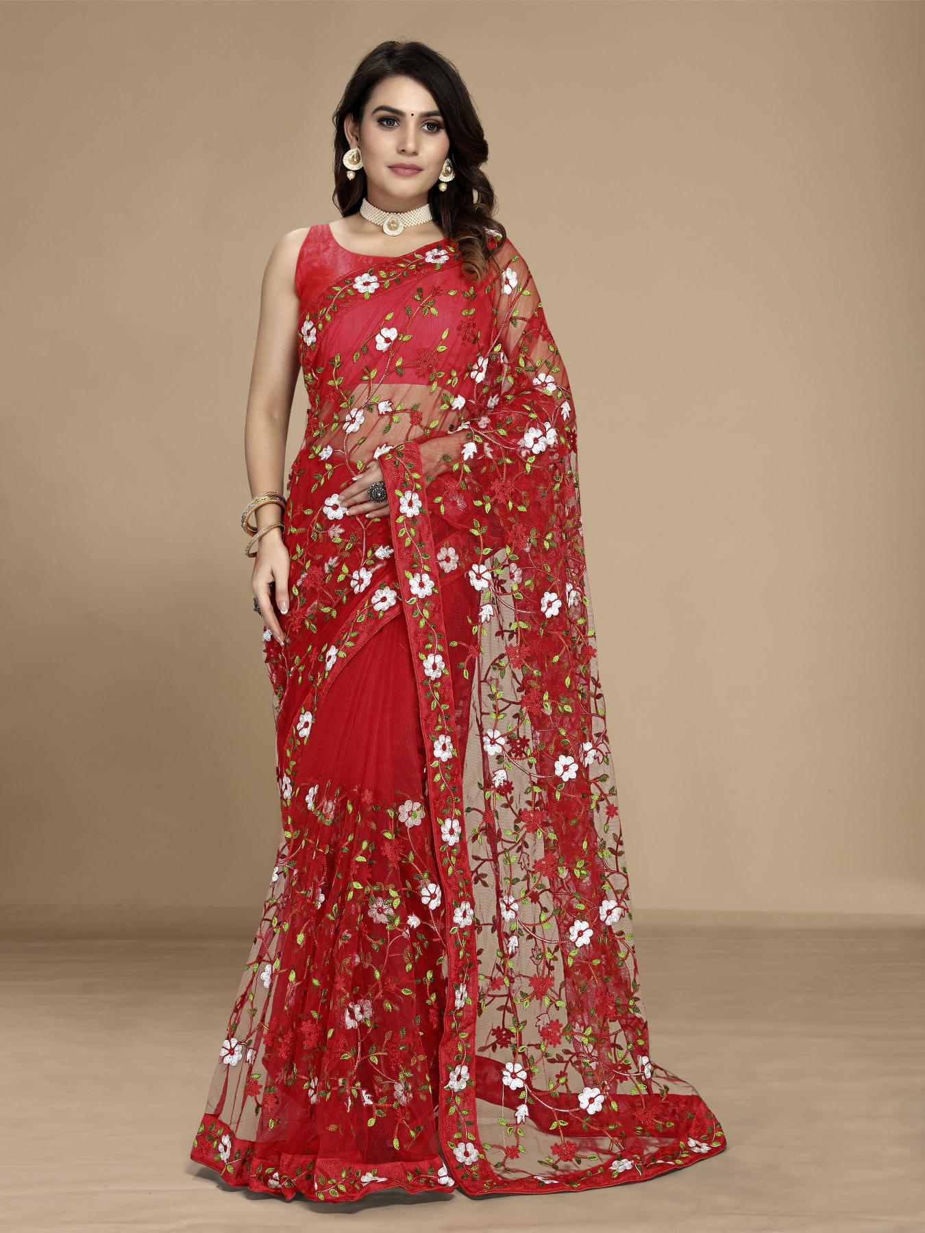 Red Soft Net Embroidered Saree