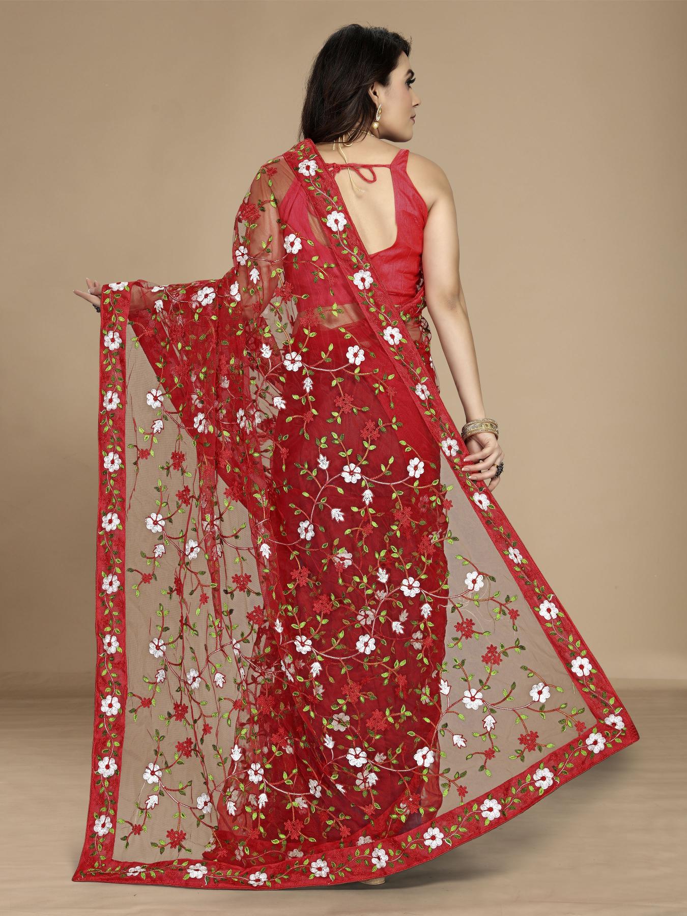 Red Soft Net Embroidered Saree — alternate view
