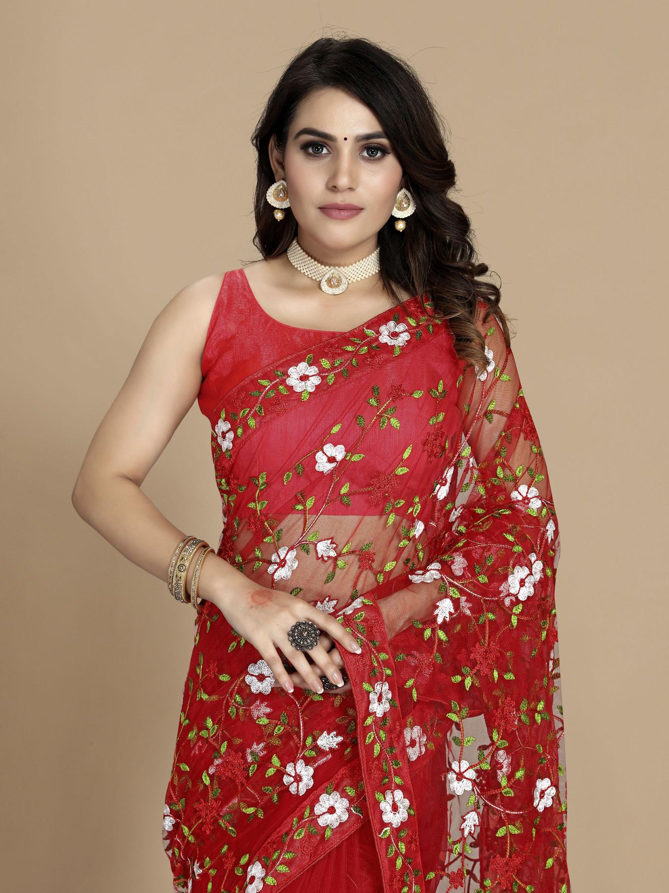 Red Soft Net Embroidered Saree