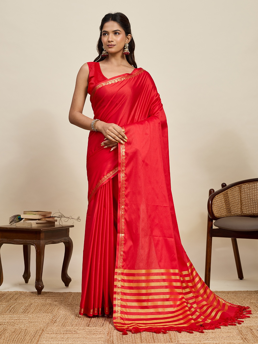Red Soft Silk Traditional Zari Border Woven Designer Saree