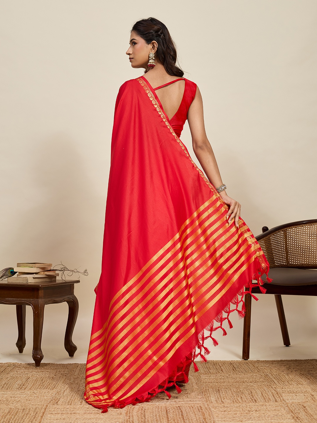 Red Soft Silk Traditional Zari Border Woven Designer Saree — alternate view