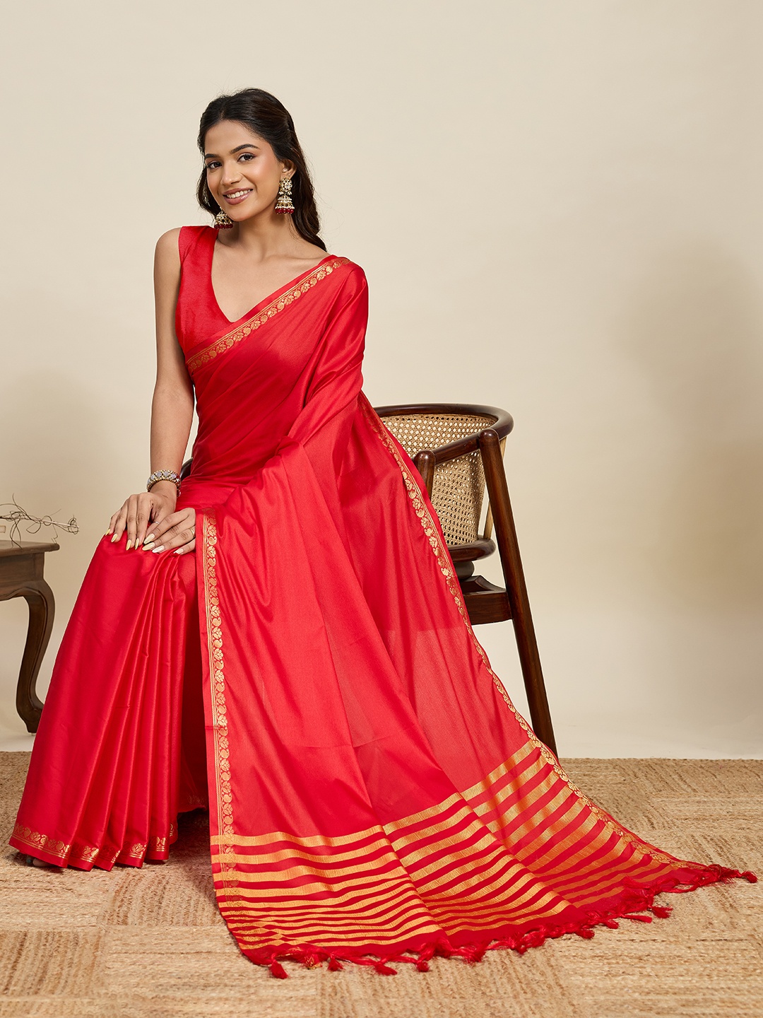 Red Soft Silk Traditional Zari Border Woven Designer Saree