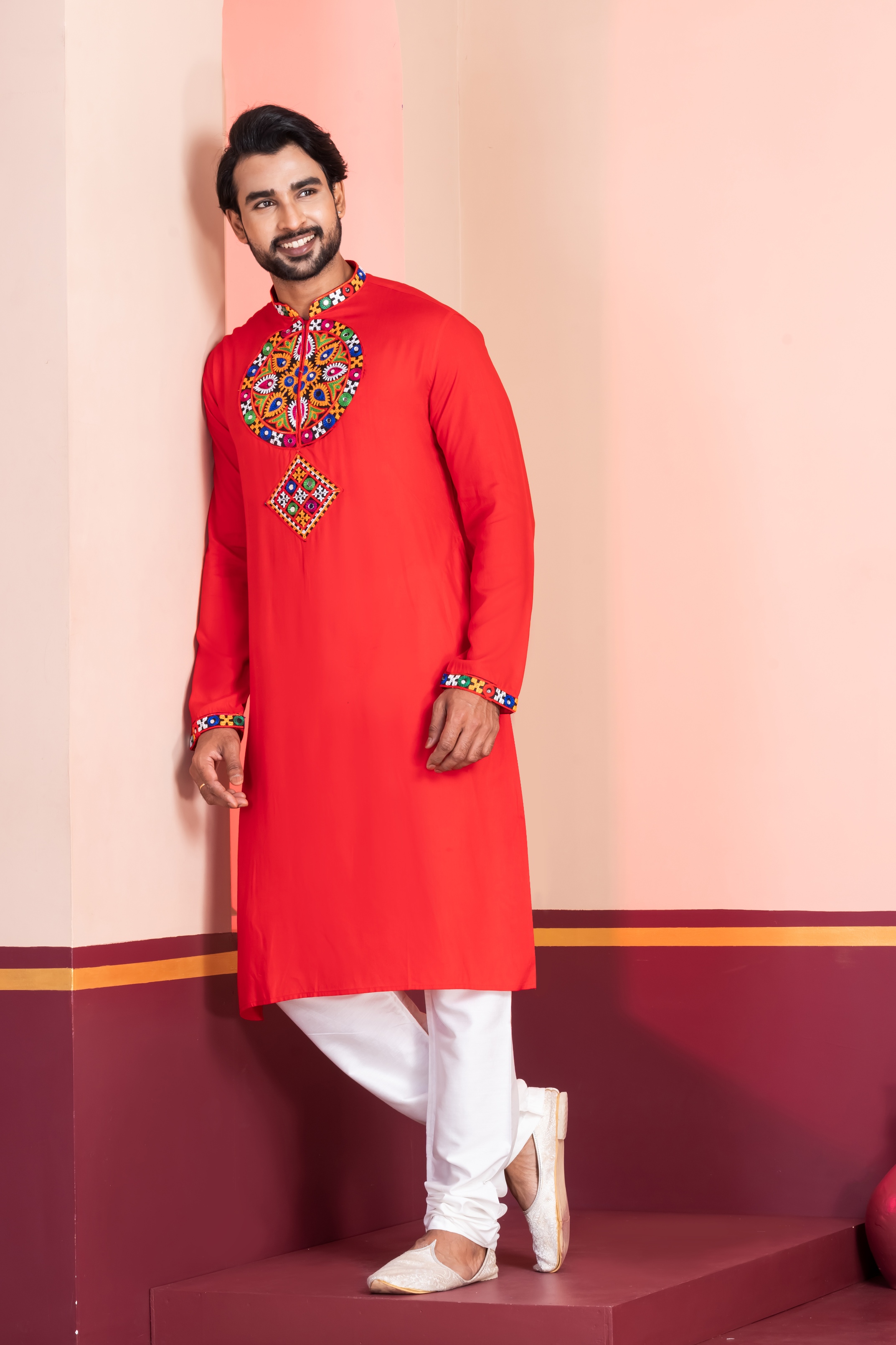 Red Solid Embroidered Kurta Pyjama