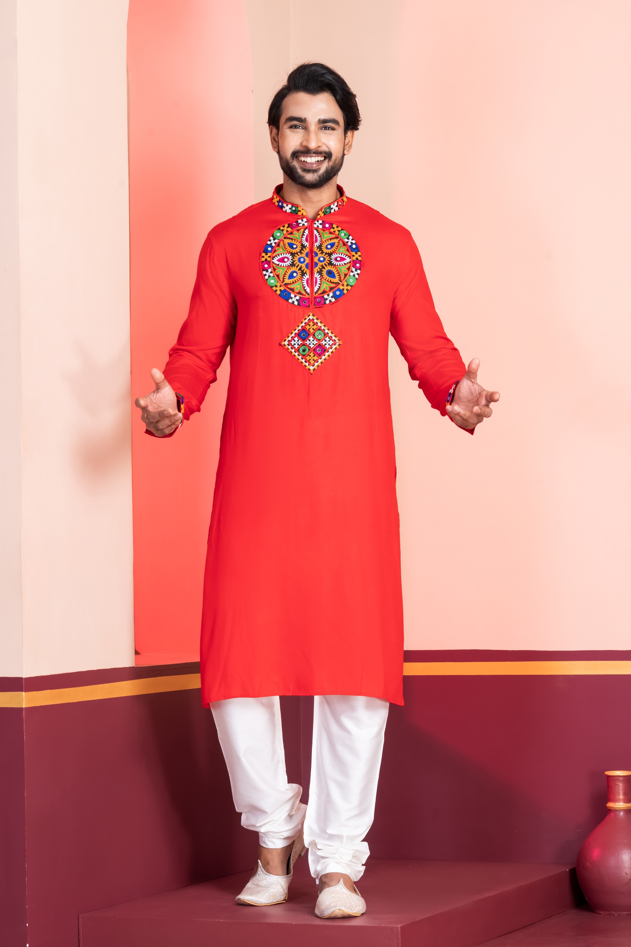 Red Solid Embroidered Kurta Pyjama