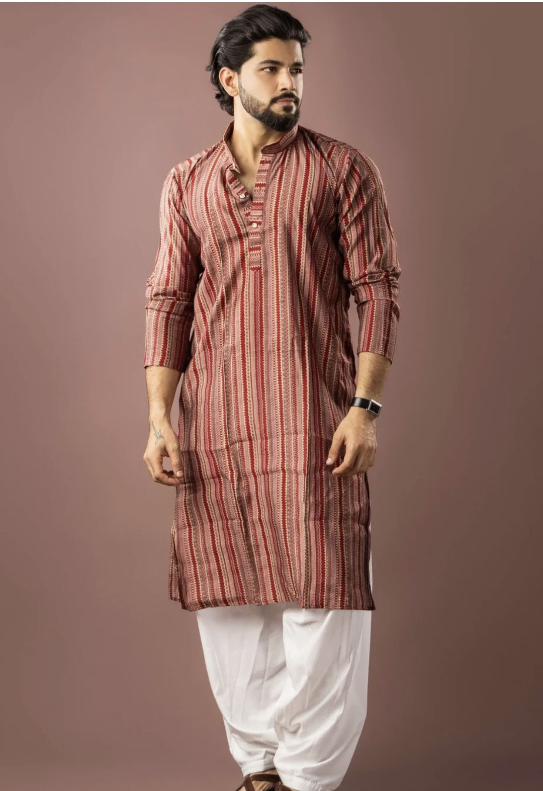 Red Striped Heritage Kurta Set