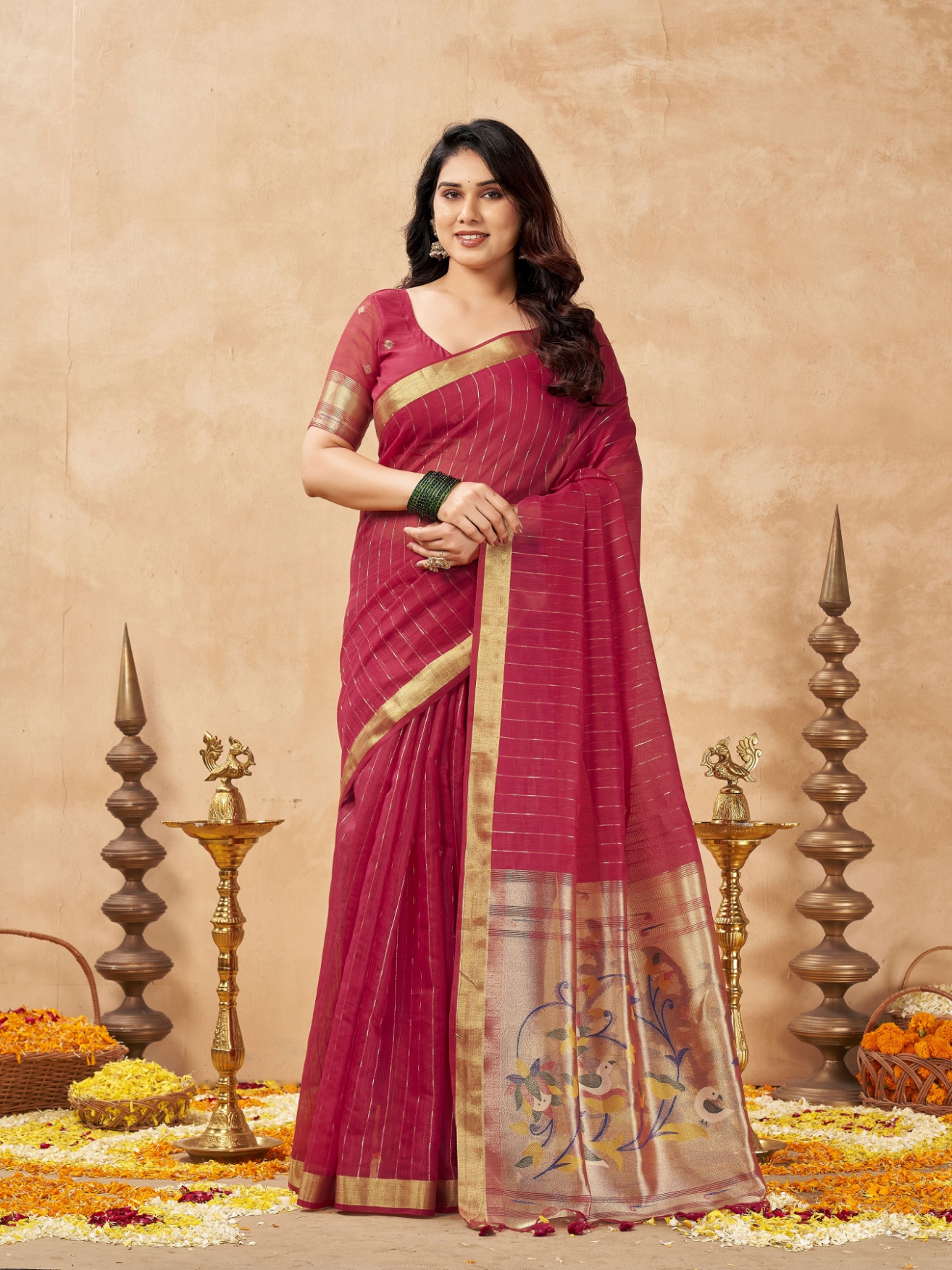 Red Striped Weaving Zari Tissue Cotton Saree