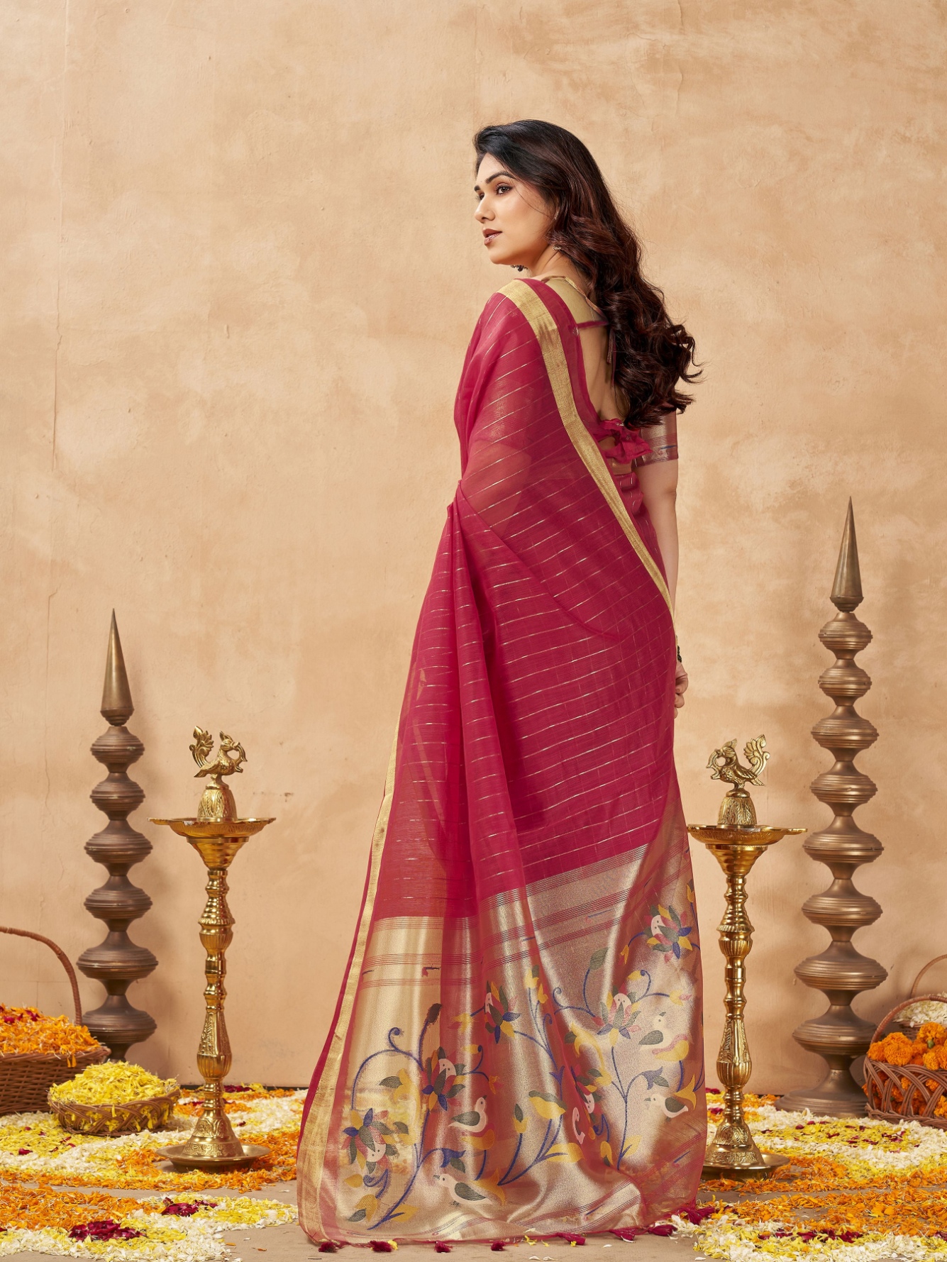 Red Striped Weaving Zari Tissue Cotton Saree — alternate view
