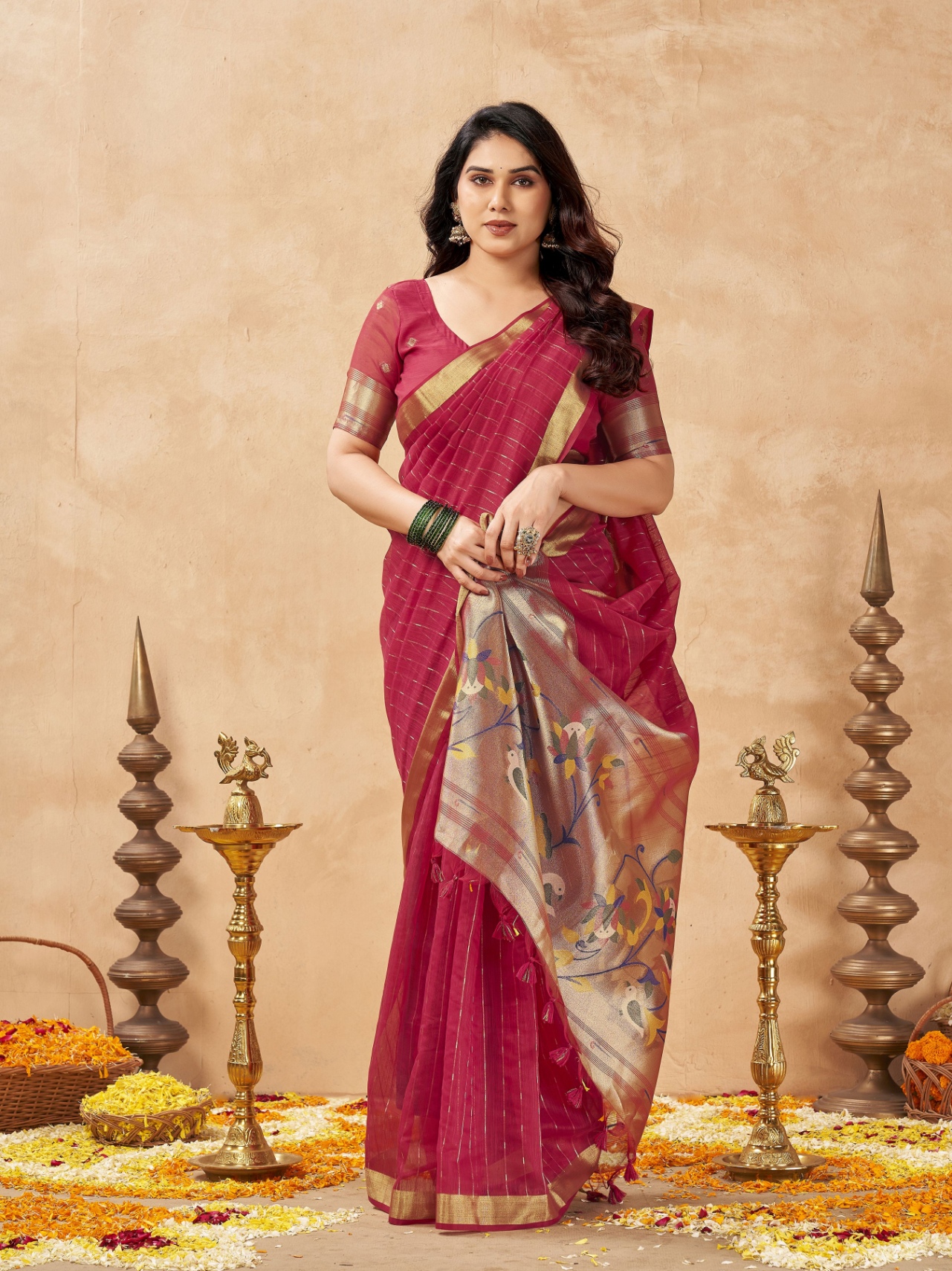 Red Striped Weaving Zari Tissue Cotton Saree