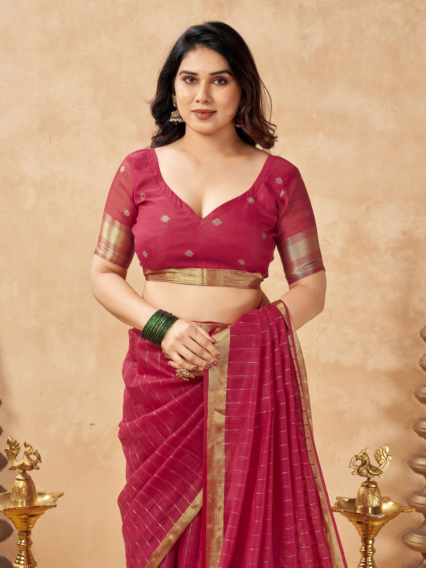 Red Striped Weaving Zari Tissue Cotton Saree