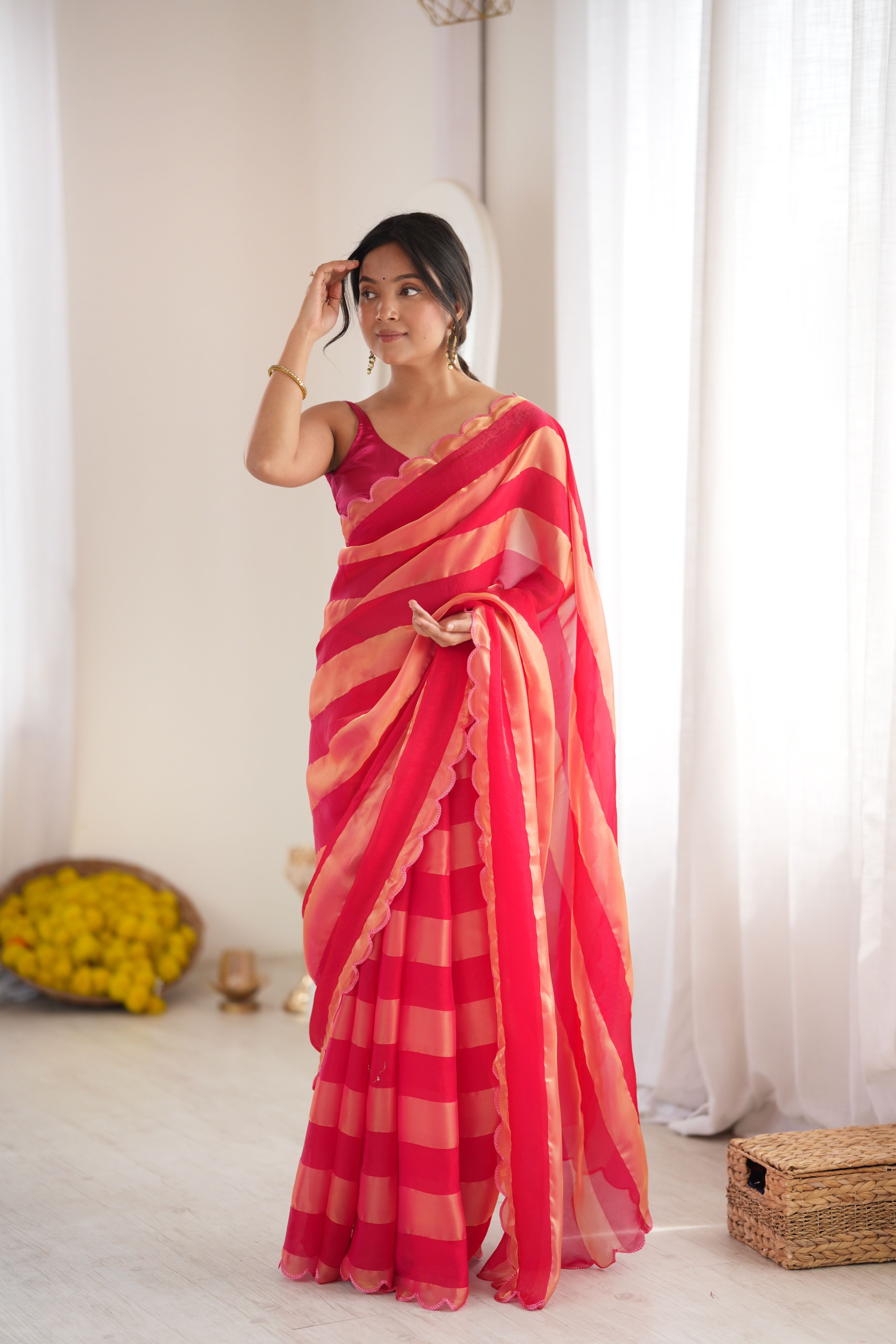 Red Striped Woven Pattern Designer Satin Saree