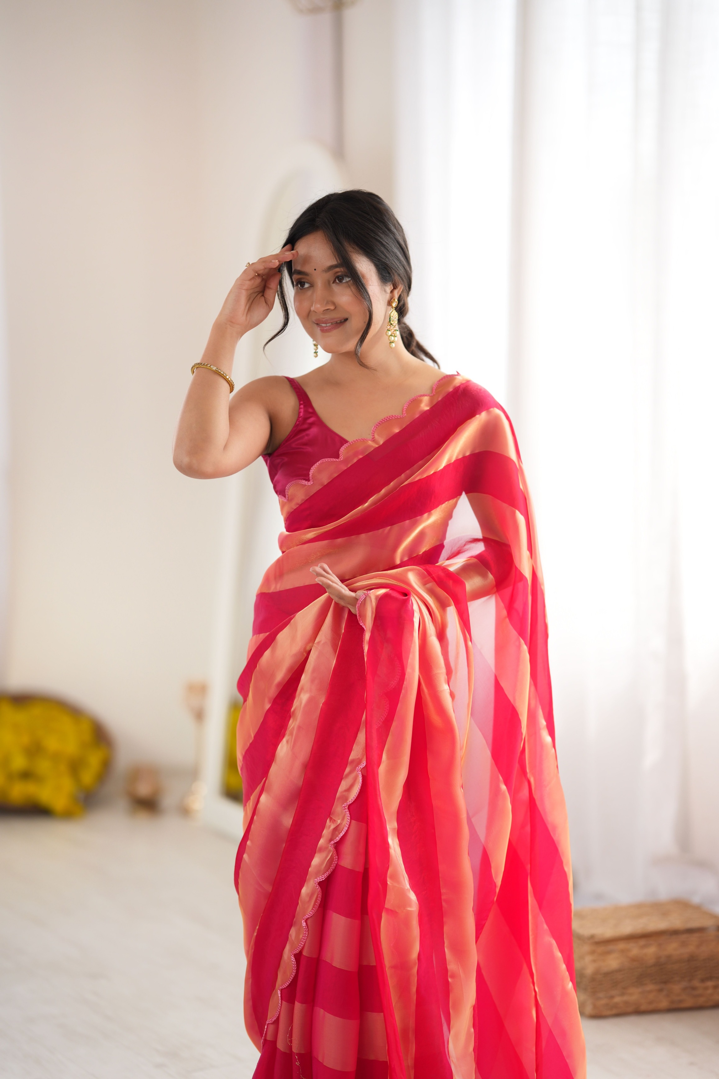 Red Striped Woven Pattern Designer Satin Saree