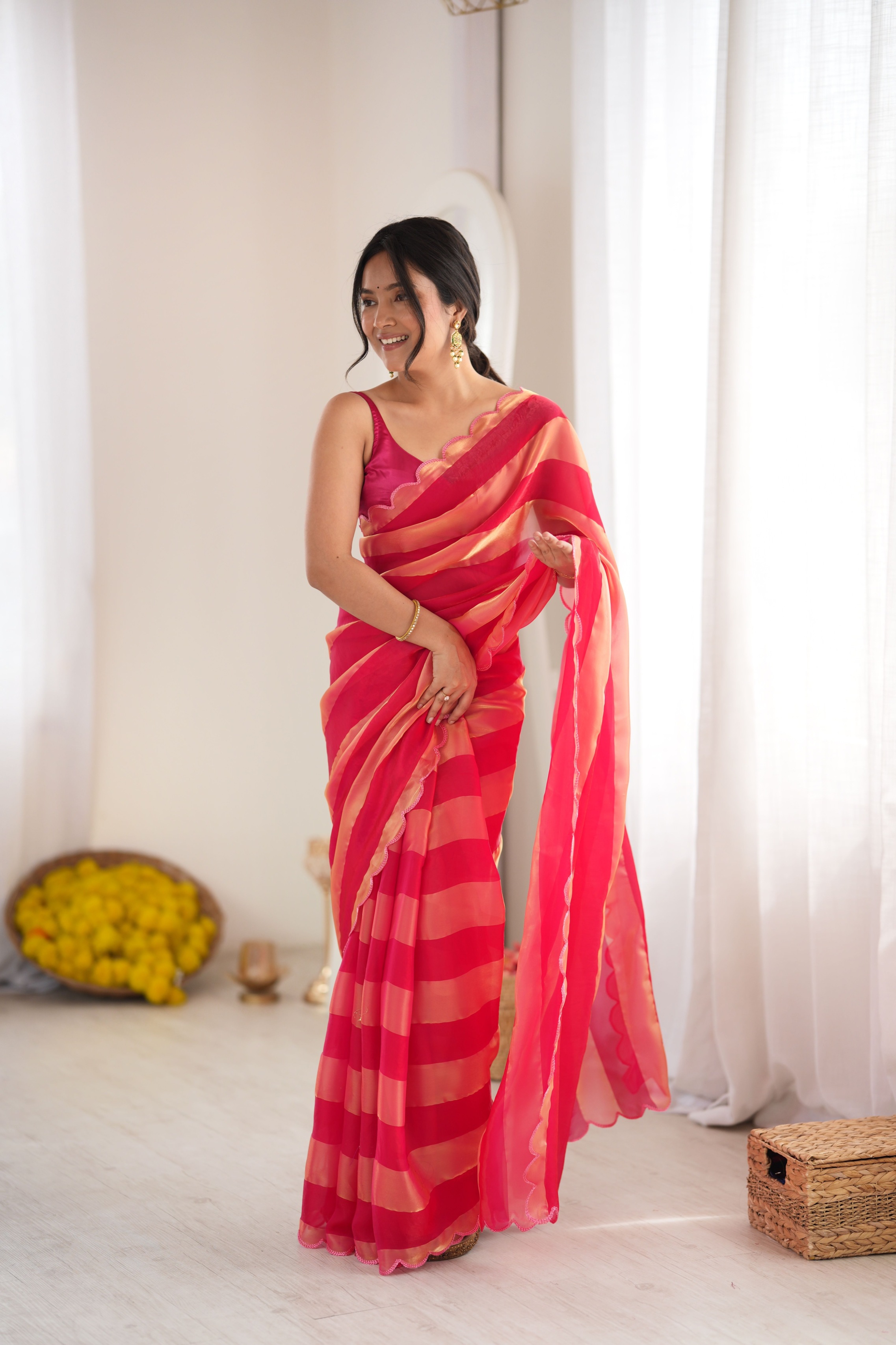 Red Striped Woven Pattern Designer Satin Saree