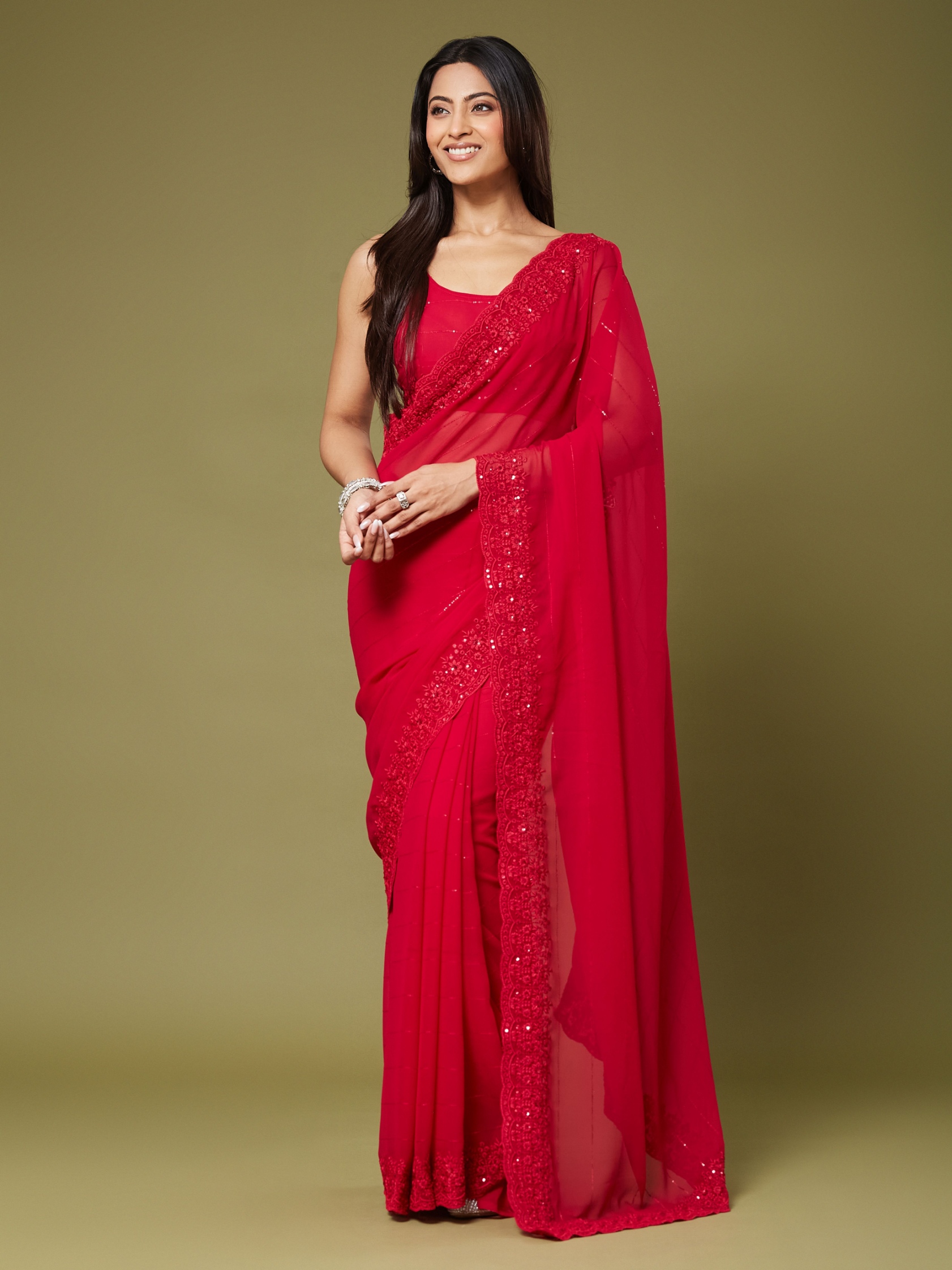 Red Thread Sequin Embroidery Georgette Saree