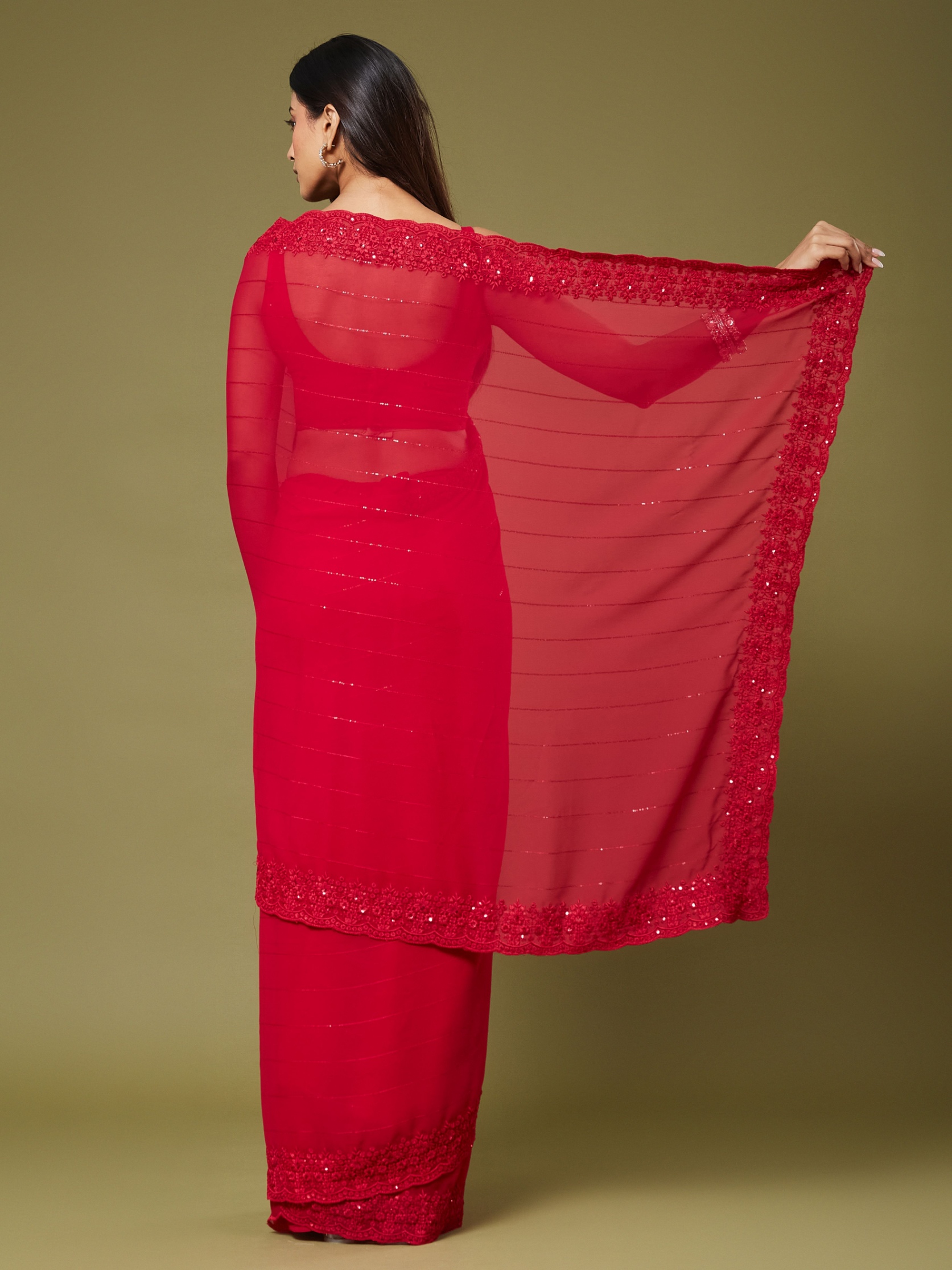 Red Thread Sequin Embroidery Georgette Saree — alternate view