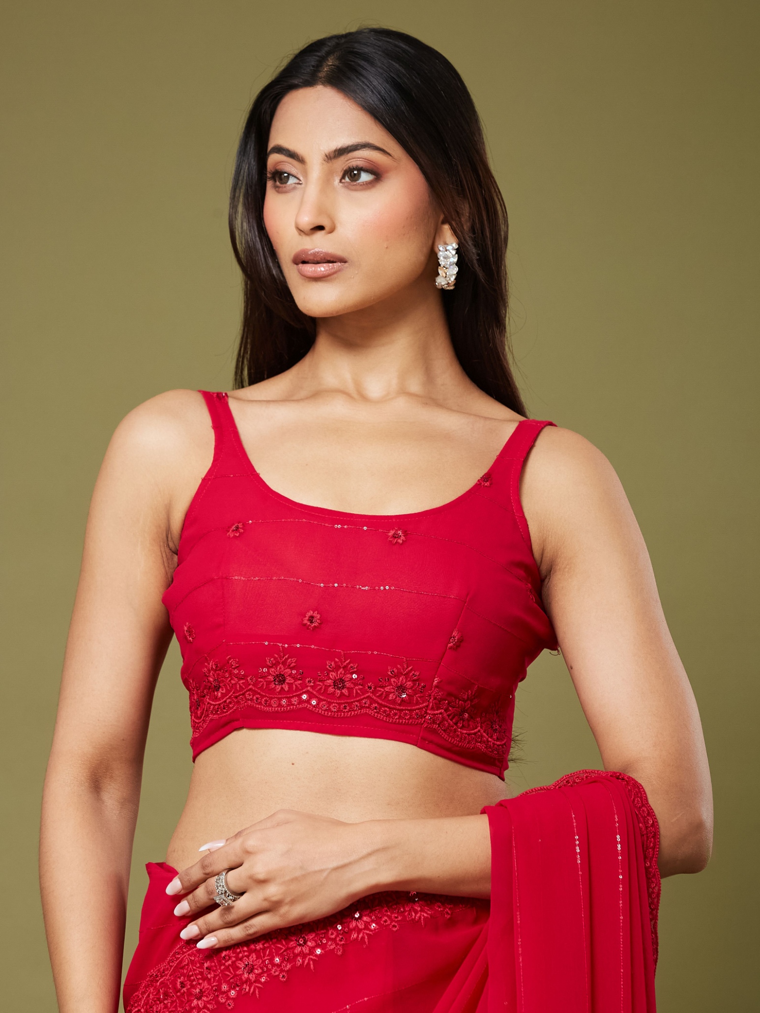 Red Thread Sequin Embroidery Georgette Saree