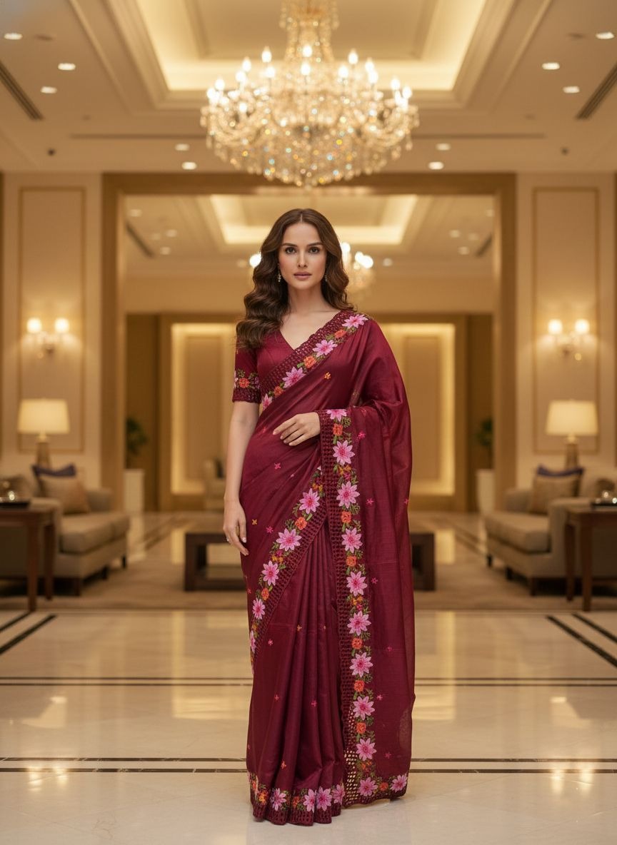 Red Thread Sequins Manipuri Silk Saree