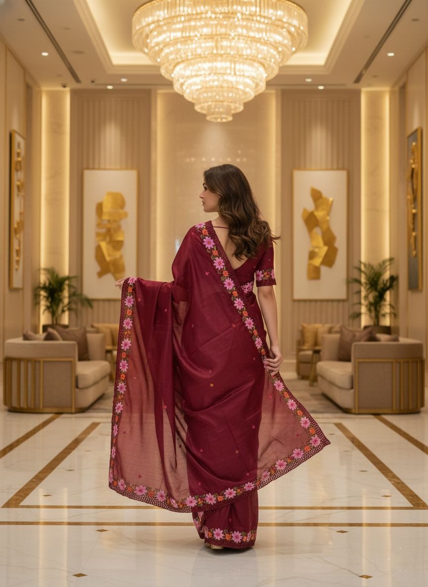 Red Thread Sequins Manipuri Silk Saree — alternate view