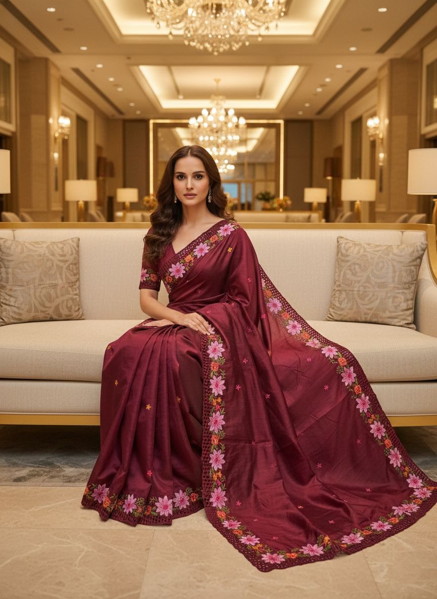 Red Thread Sequins Manipuri Silk Saree