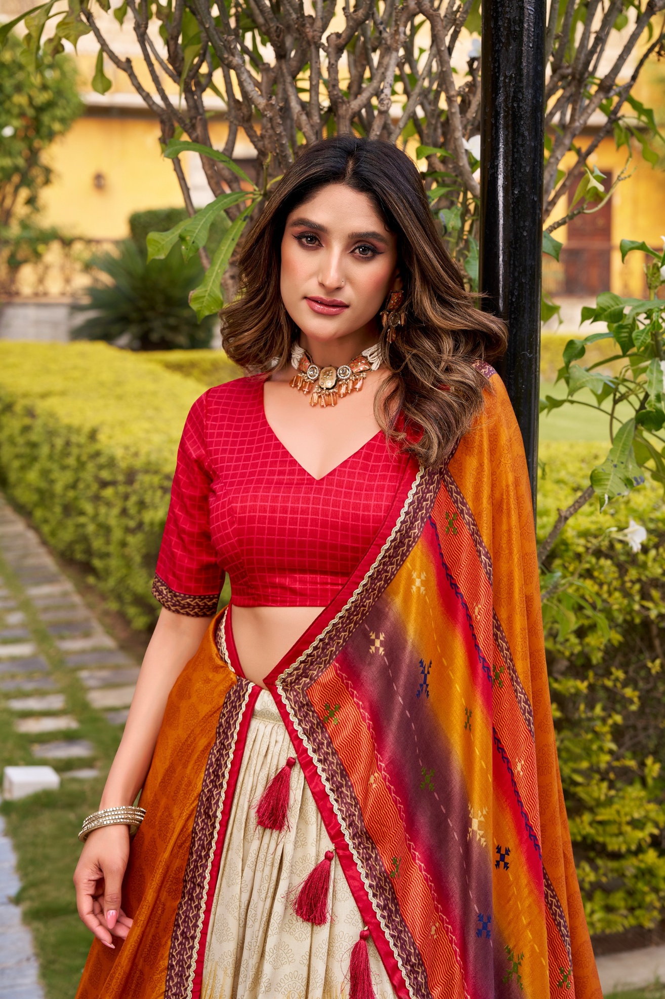 Red Tie Dye Tussar Silk Lehenga Choli — alternate view