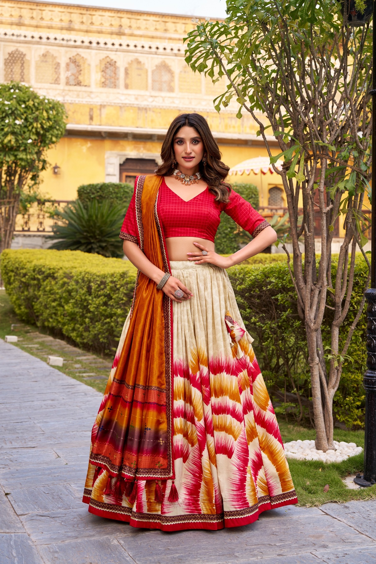 Red Tie Dye Tussar Silk Lehenga Choli