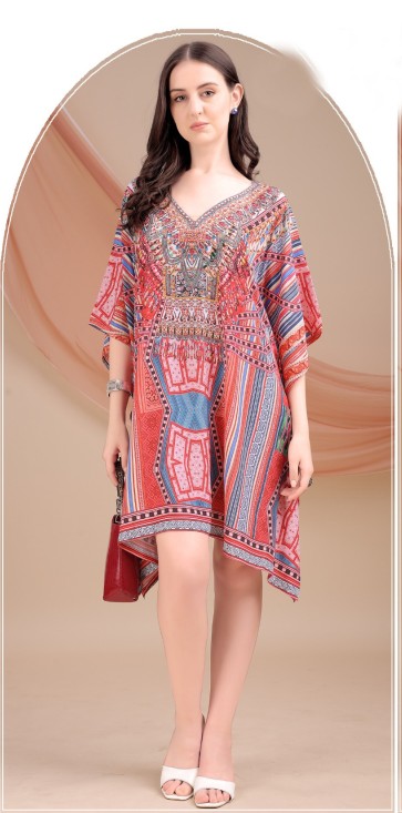 Red Tribal Fusion Feather Silk Kaftan
