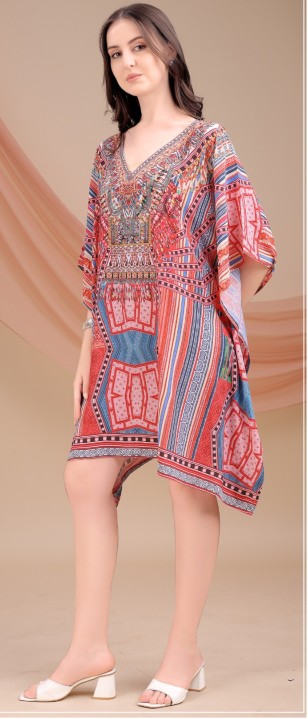 Red Tribal Fusion Feather Silk Kaftan