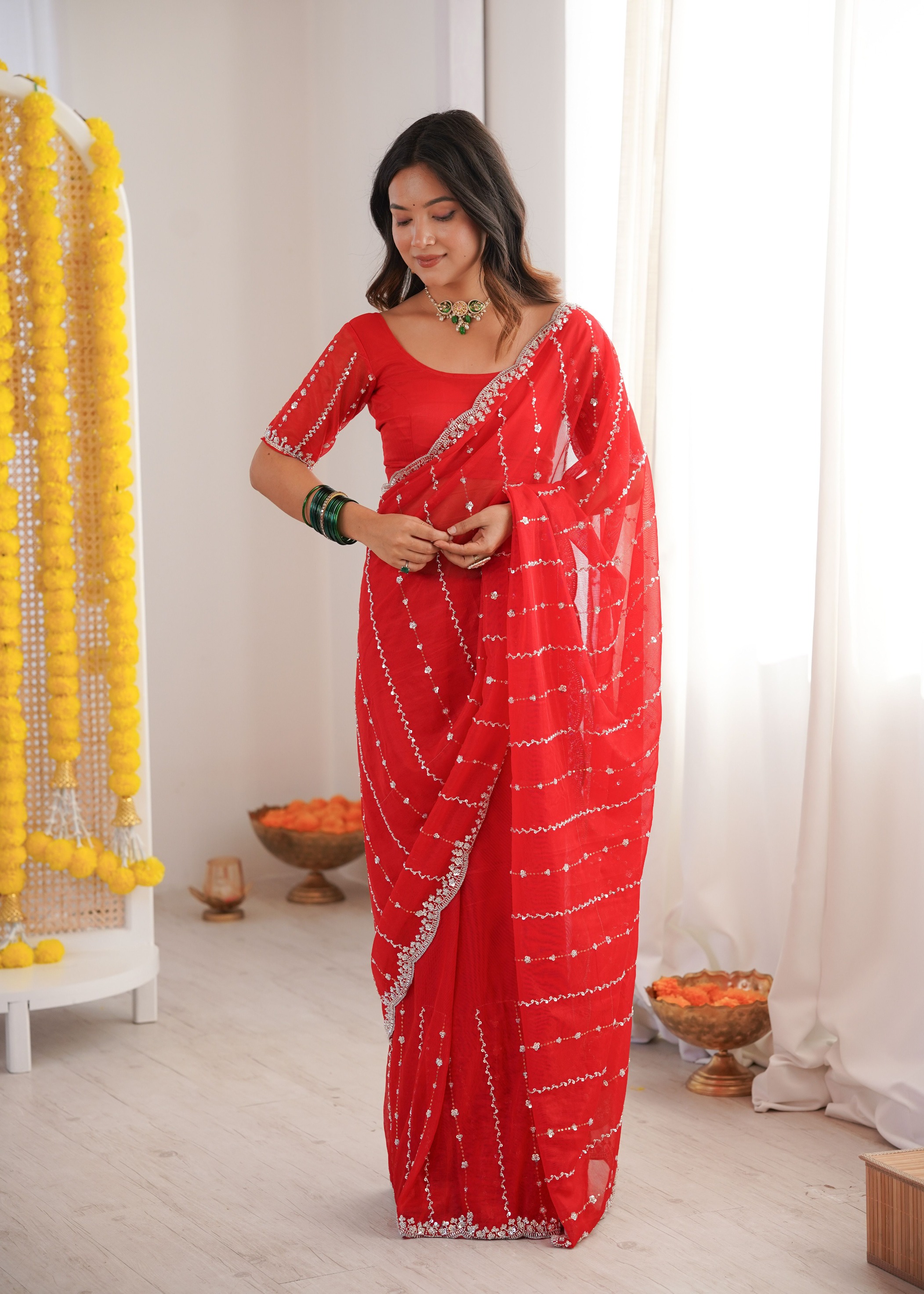 Red Two Tone Sequin N Cut Dana Work Twill Net Saree