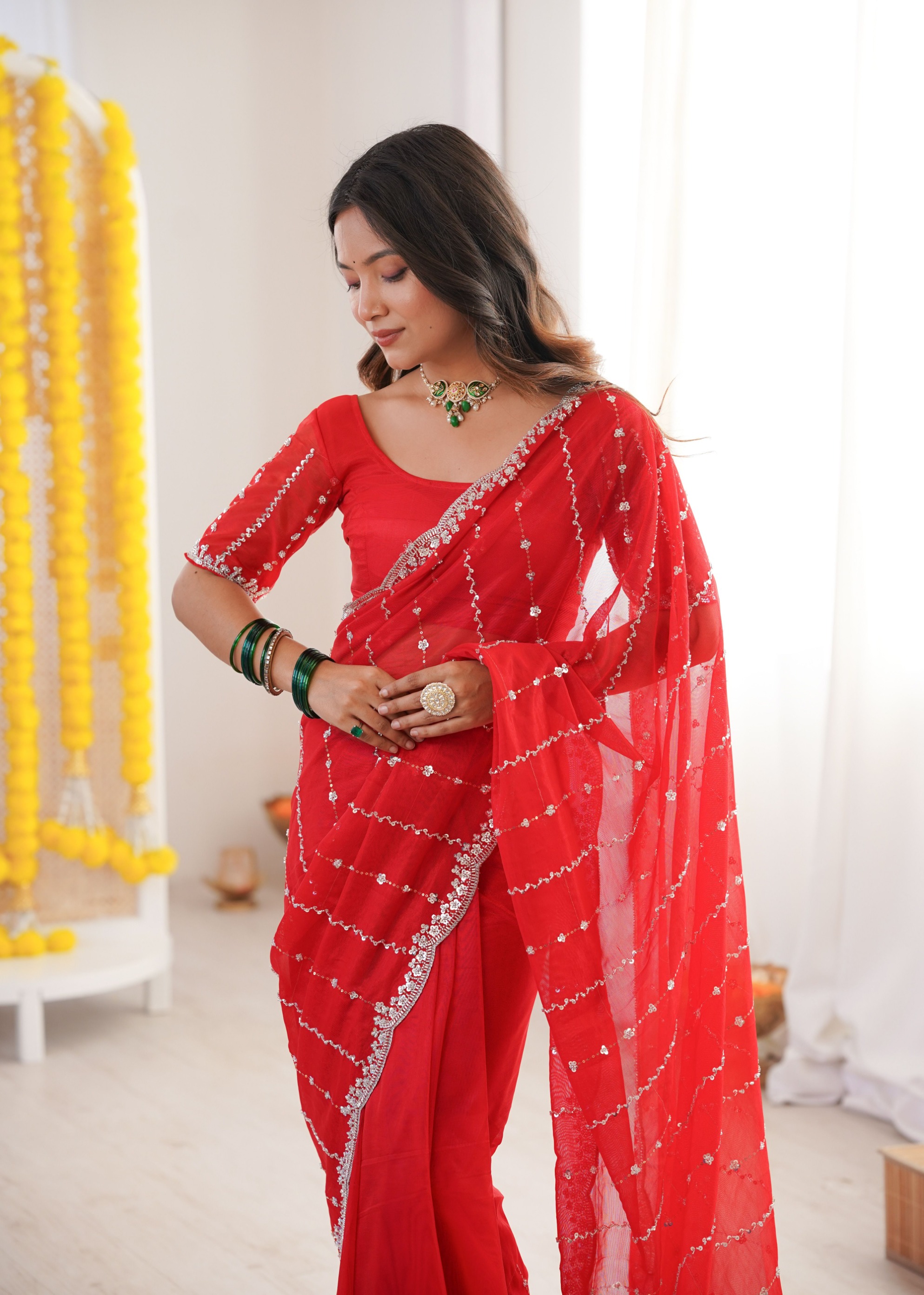 Red Two Tone Sequin N Cut Dana Work Twill Net Saree