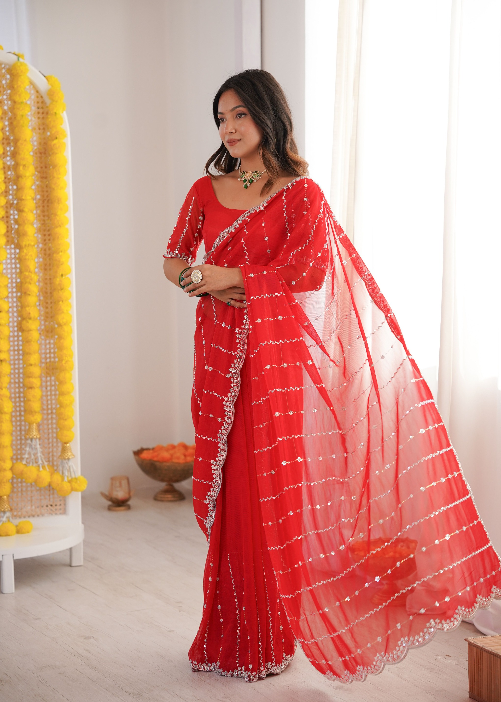 Red Two Tone Sequin N Cut Dana Work Twill Net Saree