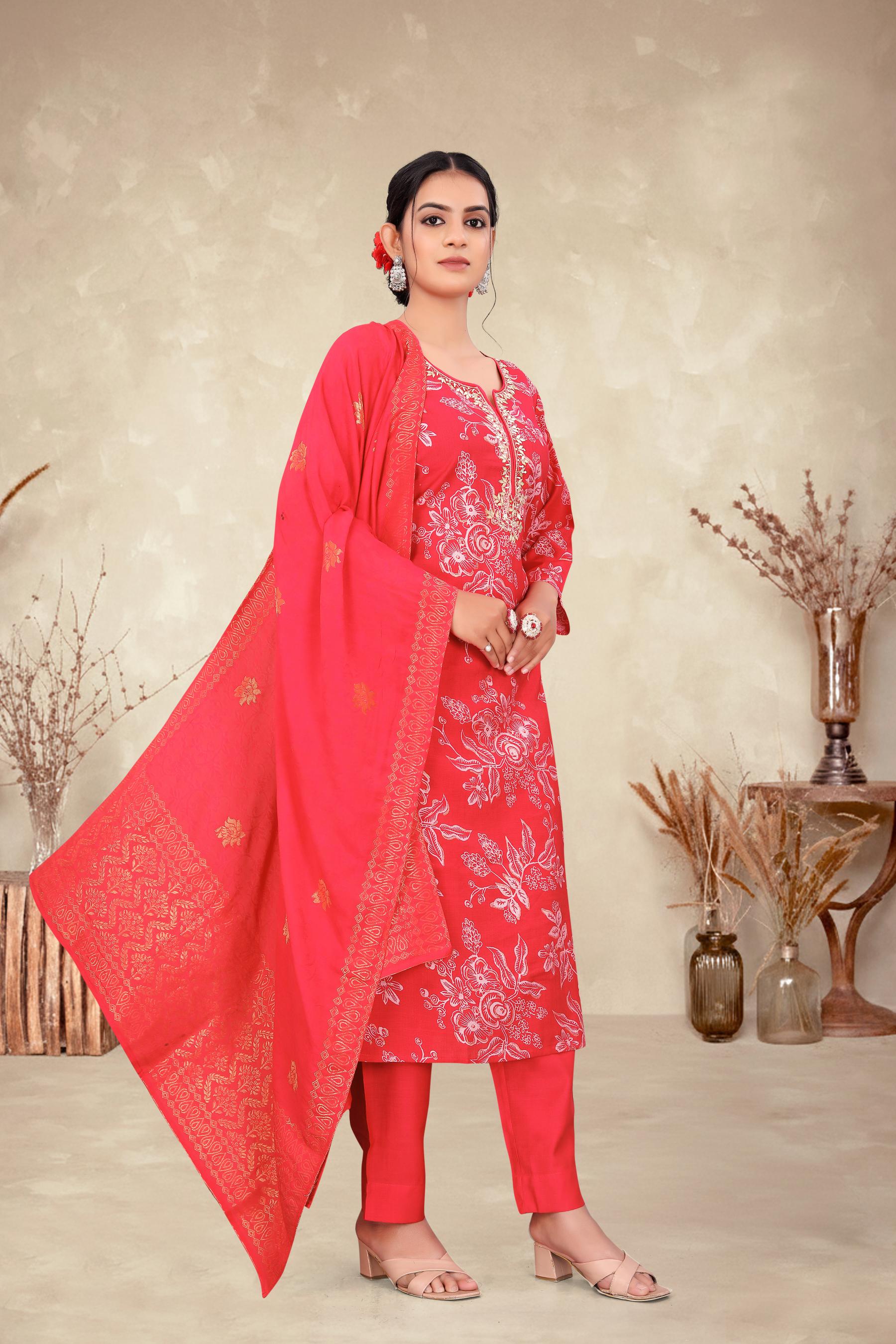 Red Vatican Foil Print Embellished Salwar Suit