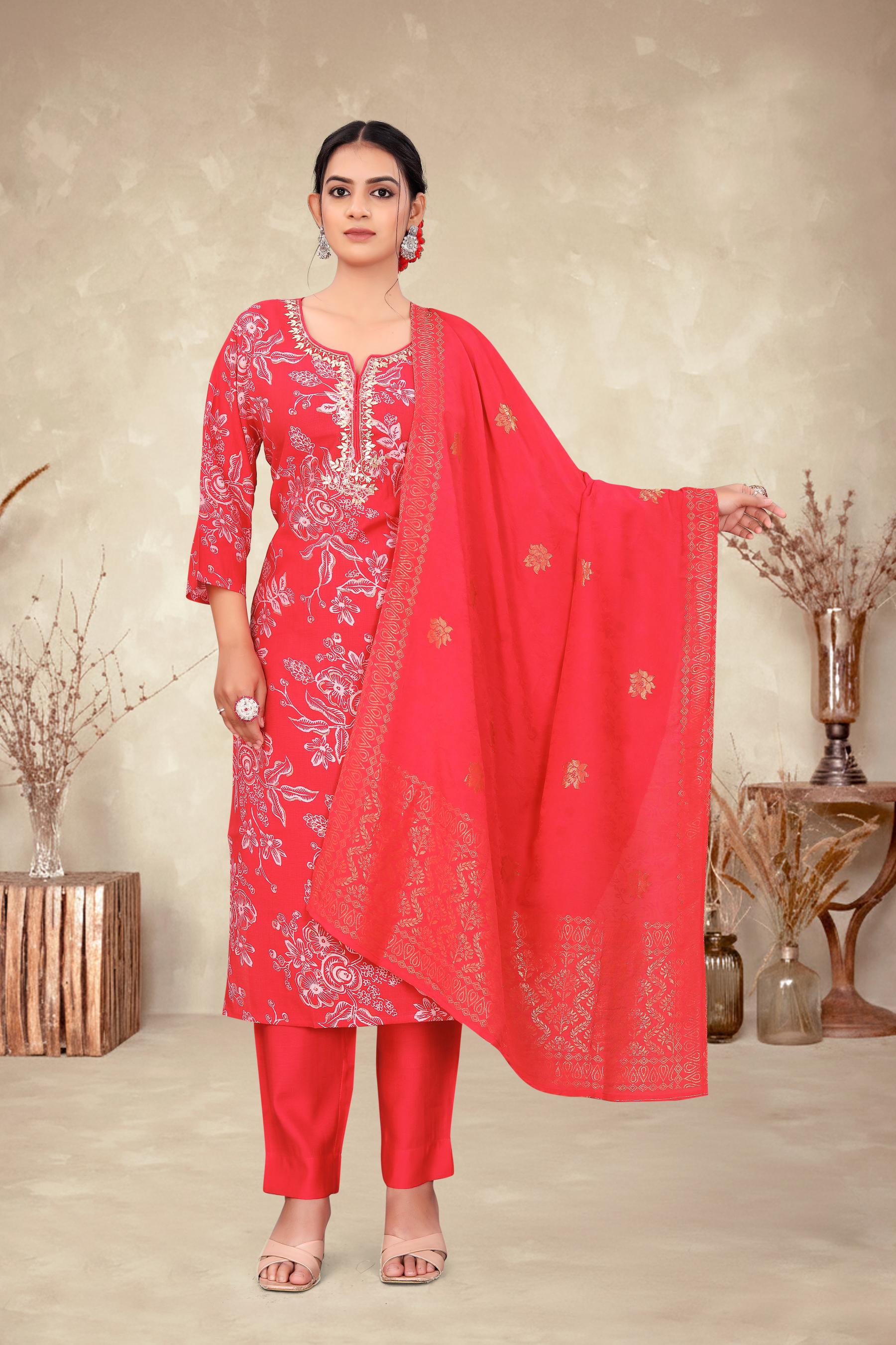 Red Vatican Foil Print Embellished Salwar Suit