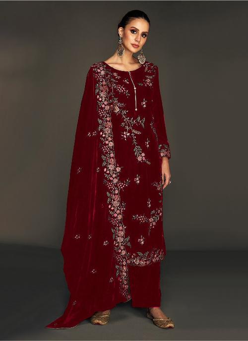 Red Velvet Embroidered Palazzo Suit