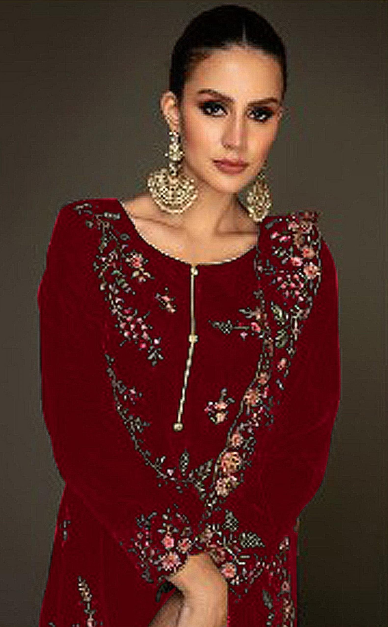 Red Velvet Embroidered Palazzo Suit — alternate view