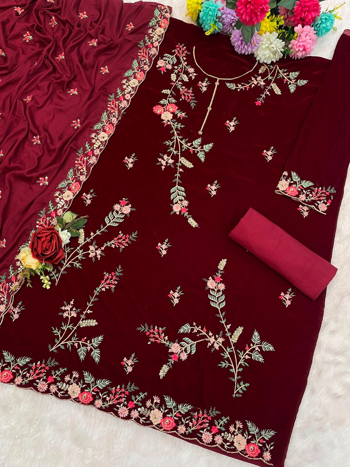 Red Velvet Embroidered Palazzo Suit