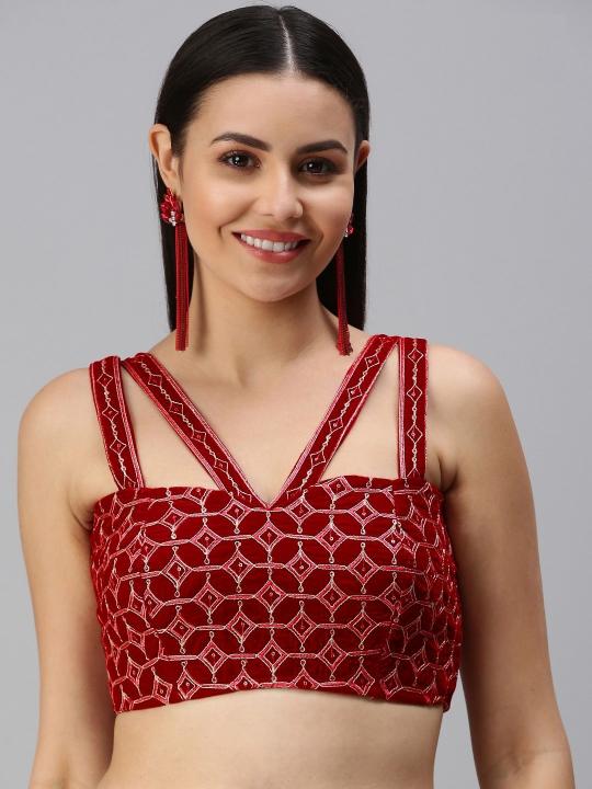Red Velvet Embroidered Readymade Blouse