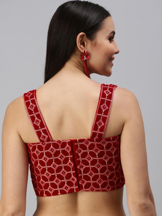 Red Velvet Embroidered Readymade Blouse — alternate view