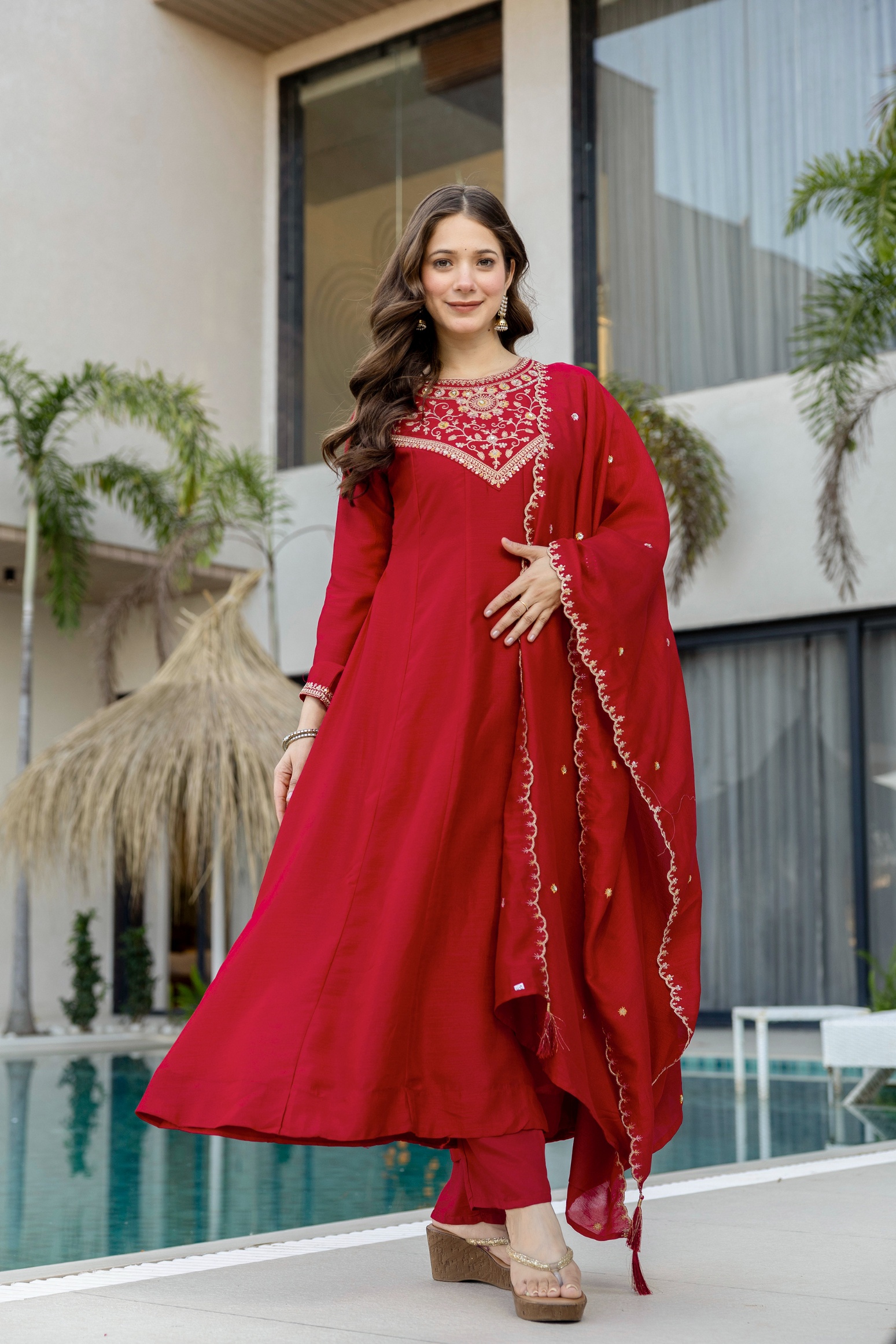 Red Vichitra Silk Embroidered Kurta Set