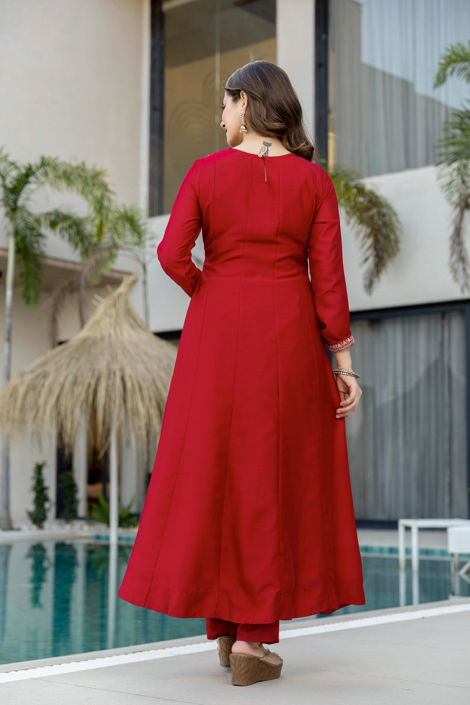 Red Vichitra Silk Embroidered Kurta Set — alternate view