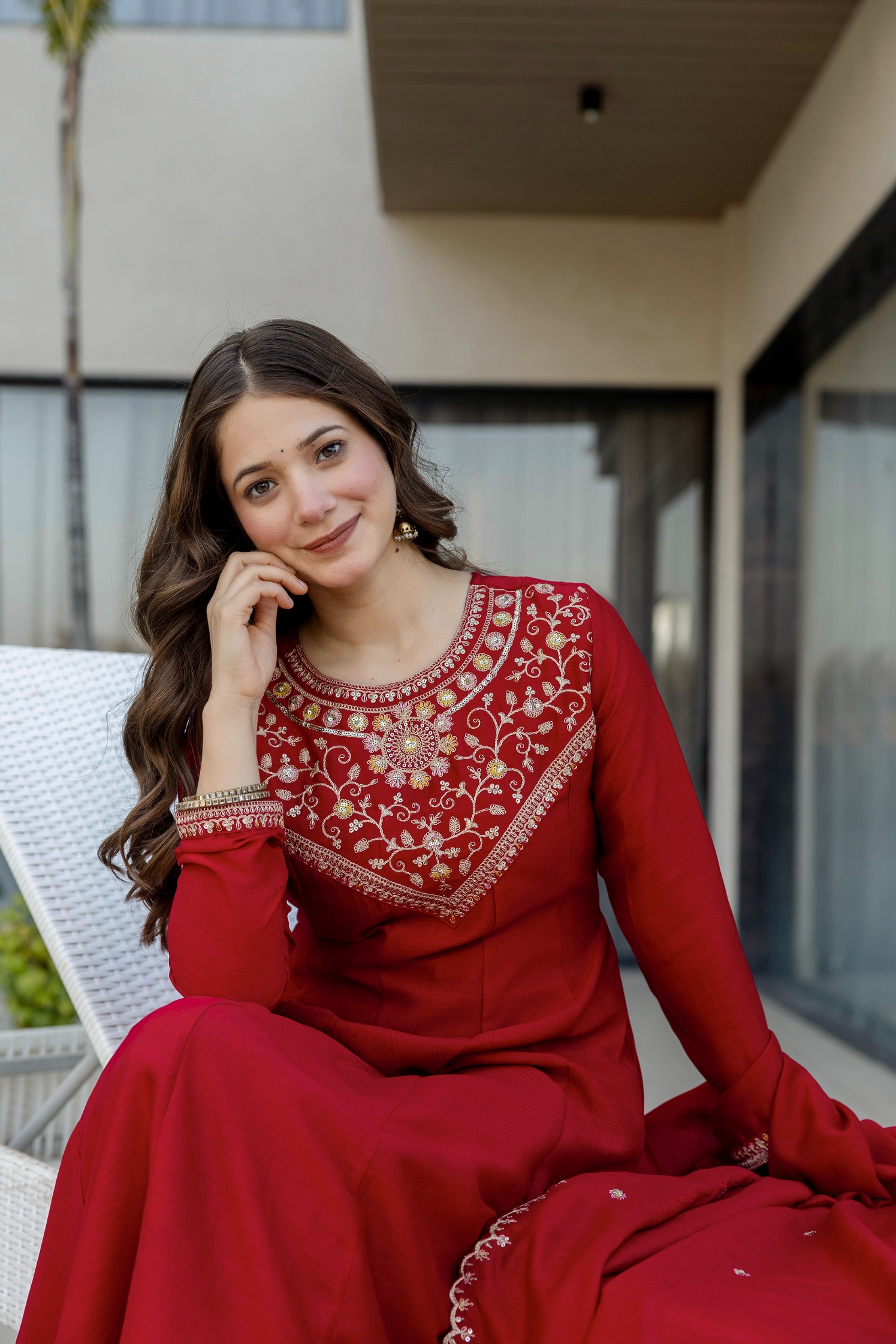 Red Vichitra Silk Embroidered Kurta Set