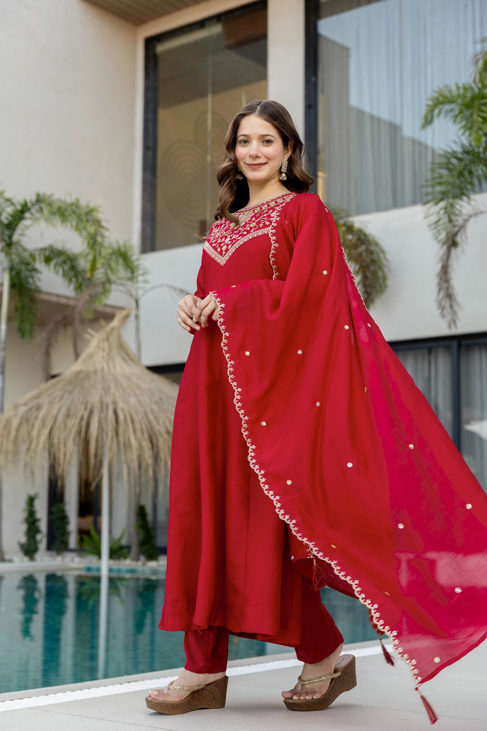 Red Vichitra Silk Embroidered Kurta Set