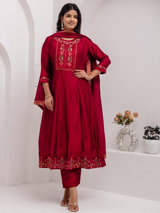 Red Vichitra Silk Readymade Suit