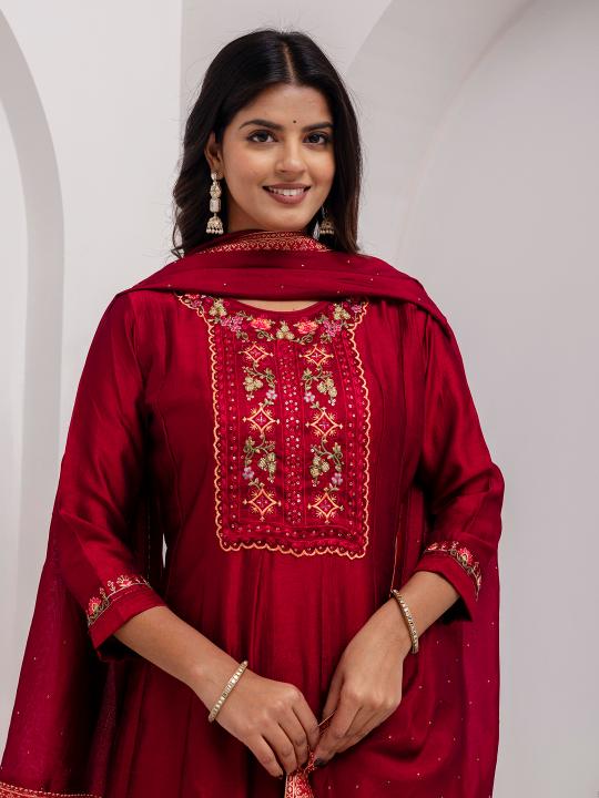 Red Vichitra Silk Readymade Suit
