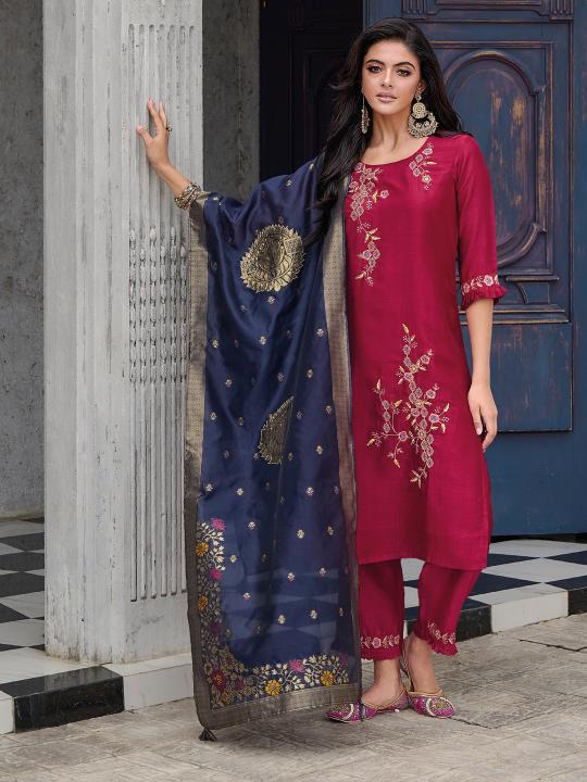 Red Viscose Silk Readymade Suit