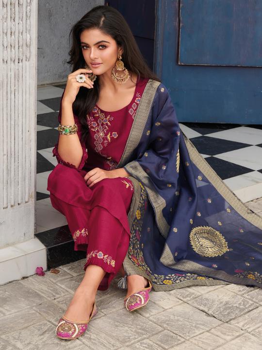 Red Viscose Silk Readymade Suit