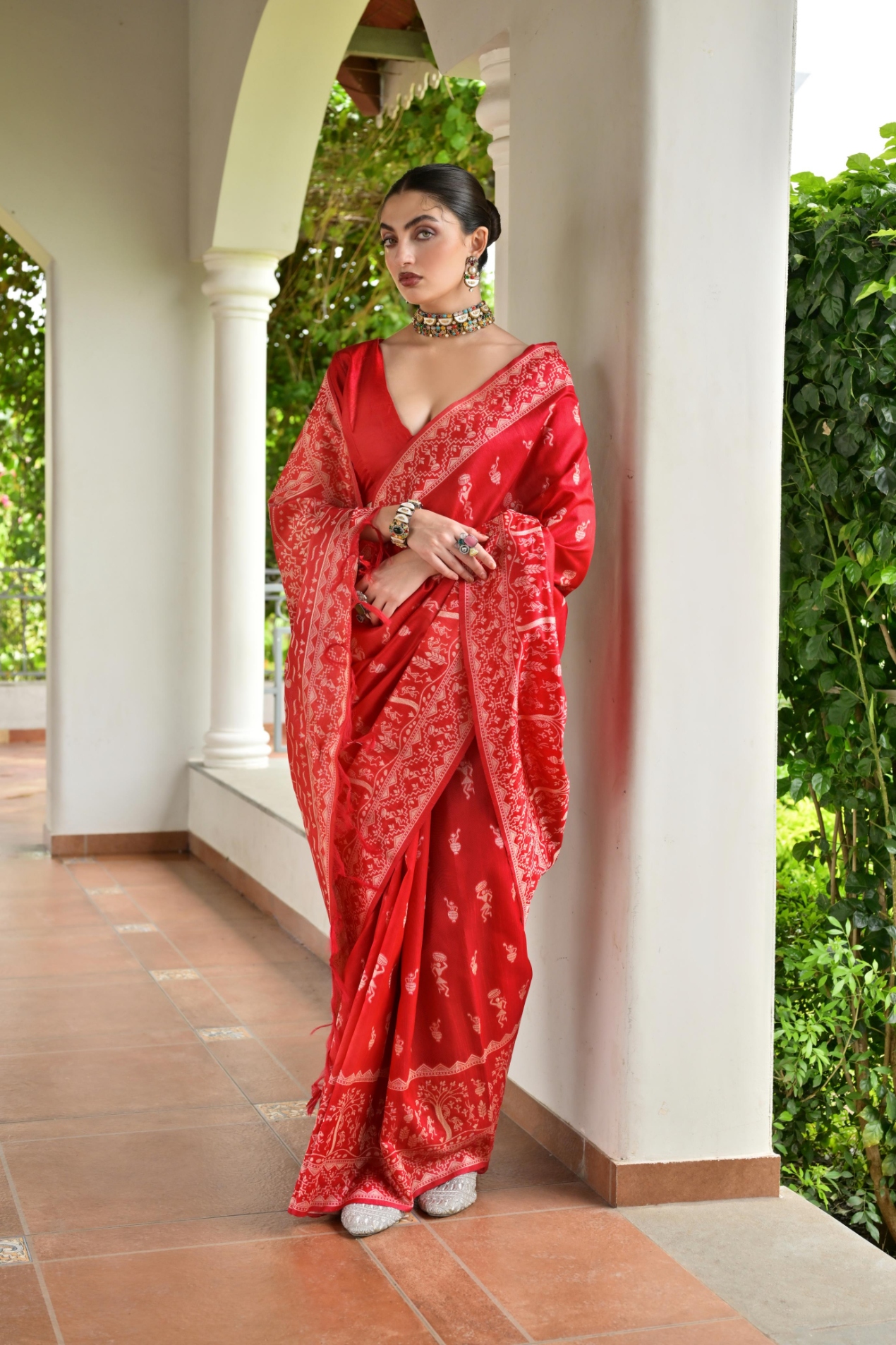 Red Warli Woven Banglori Silk Saree