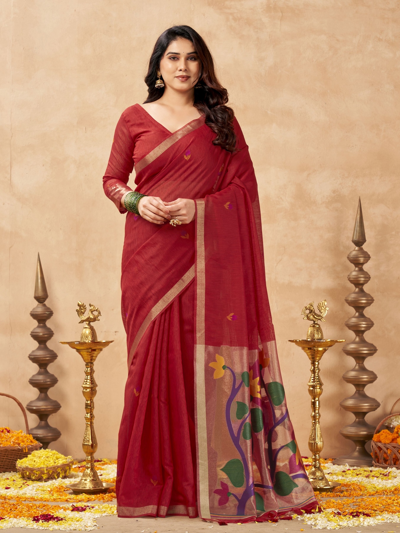 Red Weaving Zari Designer Linen Silk Saree