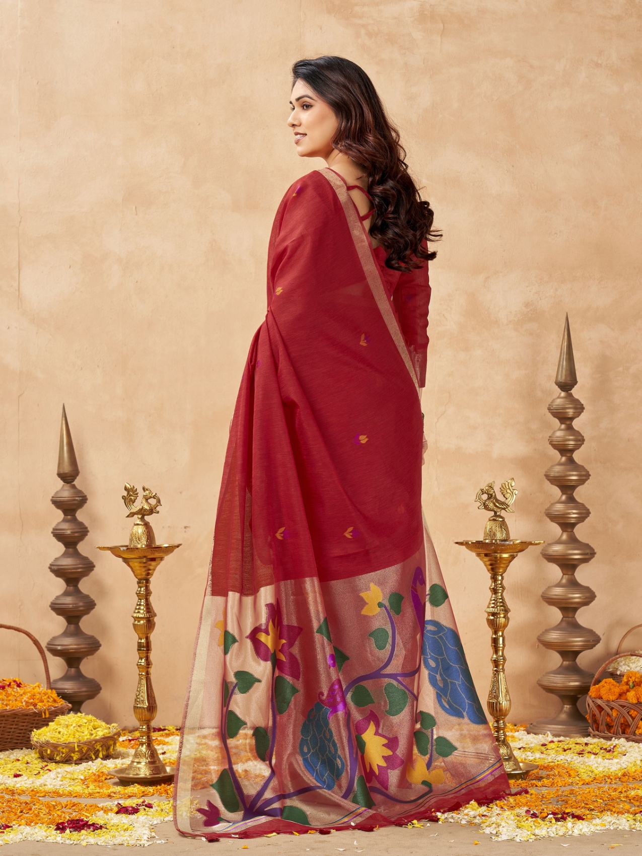 Red Weaving Zari Designer Linen Silk Saree — alternate view
