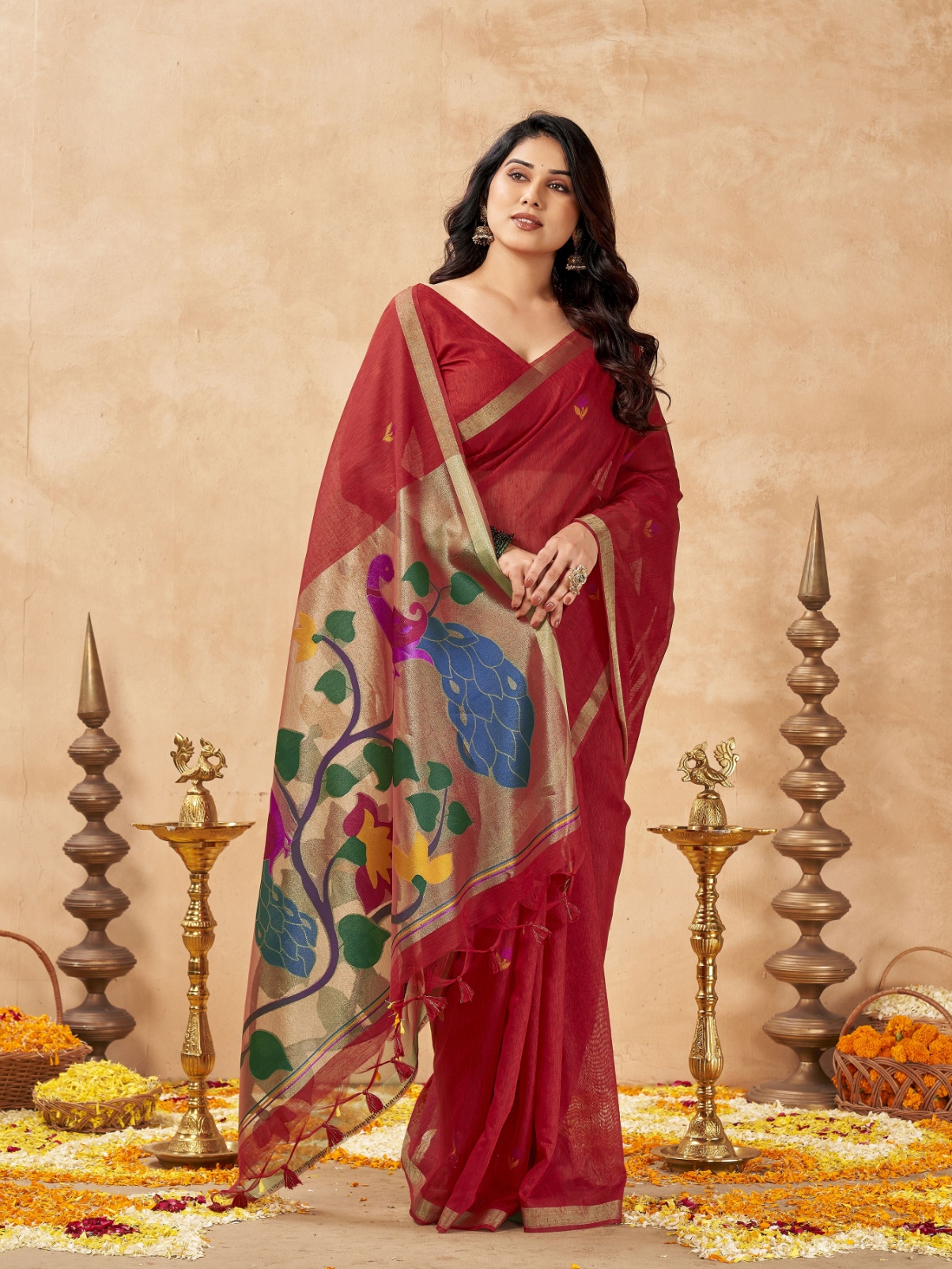 Red Weaving Zari Designer Linen Silk Saree